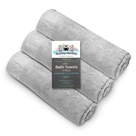Brooklyn Bamboo Bath Towels SOFT, Absorbent More Durable Than Cotton Beautiful 3Pc Set Unique, Hypoallergenic Grey
