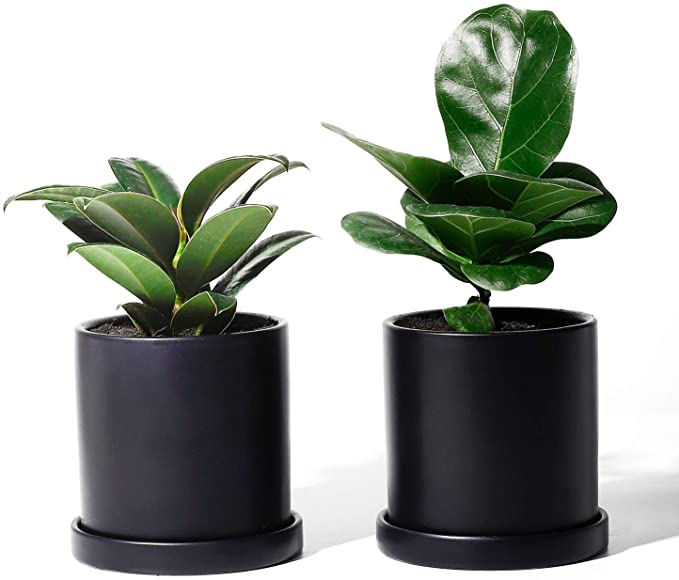 POTEY Ceramic Plant Pots with Saucers - 3.8" Flower Planter Indoor with Drainage Medium Container Minimalism Round - Set of 2, Matte Black