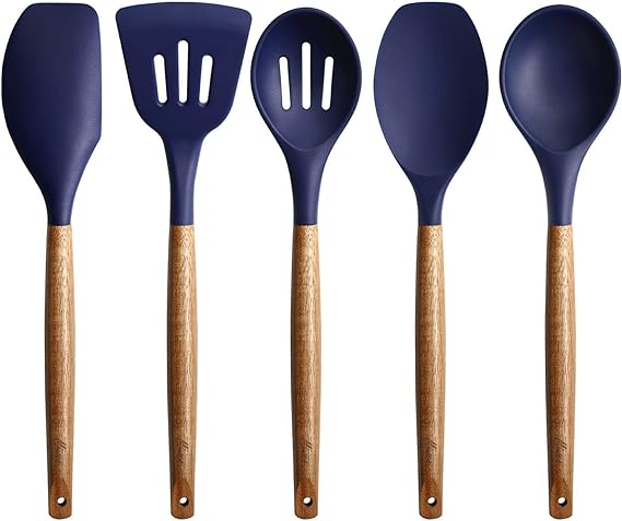 Miusco Non-Stick Silicone Kitchen Utensils Set with Natural Acacia Hard Wood Handle, 5 Piece, Midnight Blue, BPA Free, Baking & Serving Silicone Cooking Utensils