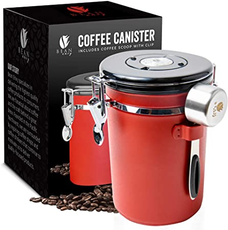 Bean Envy Airtight Coffee Canister - LARGE 22.5 oz - Includes Stainless Steel Scoop & Integrated Silicone Base - Sealed Cantilever Lid - Co2 Gas Release Wicovalve & Numerical Day/Month Tracker – Red