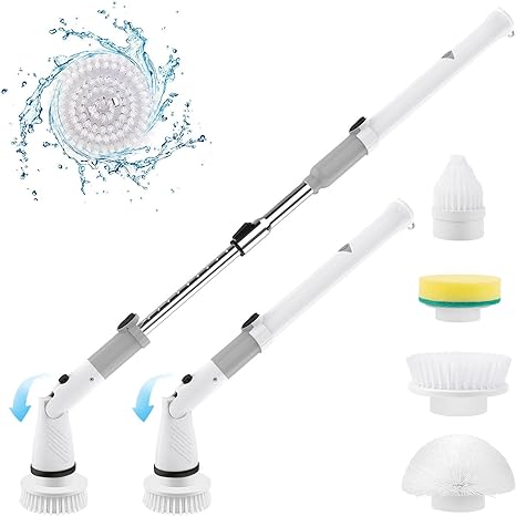 Electric Spin Scrubber, Cordless Power Brush Floor Scrubber with Adjustable Extension Arm and 4 Replaceable Bathroom Cleaning Brush Heads, Ideal for Tub, Tile, and Floor Cleaning