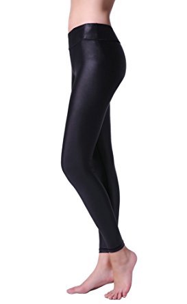TOP-3 Leather Leggings Yoga Pants Sports Capri High Waisted with Mesh Panels in Black
