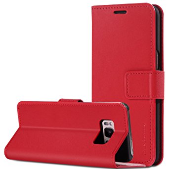 Galaxy S8 Wallet Case [Folio Style] [Stand Feature] BENTOBEN Genuine Leather Samsung Galaxy S8 Card Case [Red] Protective Genuine Leather Flip Cover with Card Slot   Side Pocket Magnetic Closure