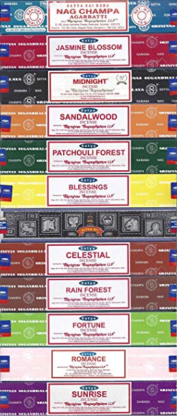 Nag Champa Sunrise Sandalwood Midnight Patchouli Celestial Fortune Blessings Romance Super Hit Jasmine Blossom Rain forest by Satya Gift Set