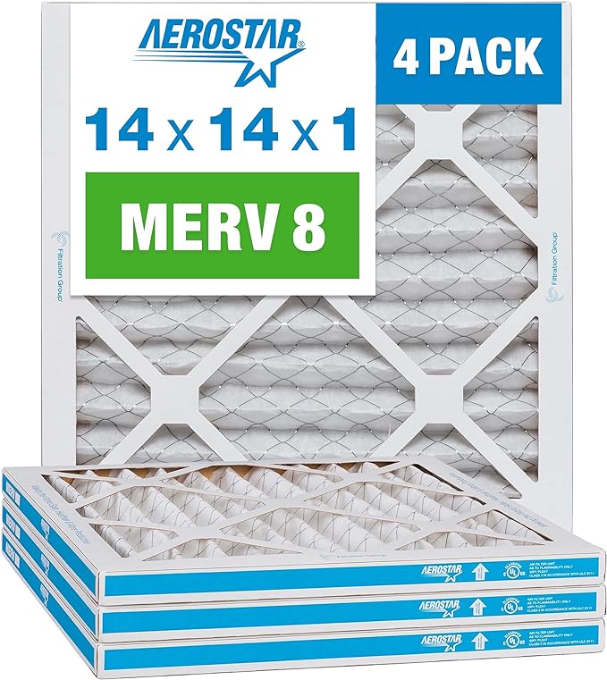 Aerostar 14x14x1 MERV 8 Pleated Air Filter, AC Furnace Air Filter, 4 Pack (Actual Size: 13 3/4"x13 3/4"x3/4")