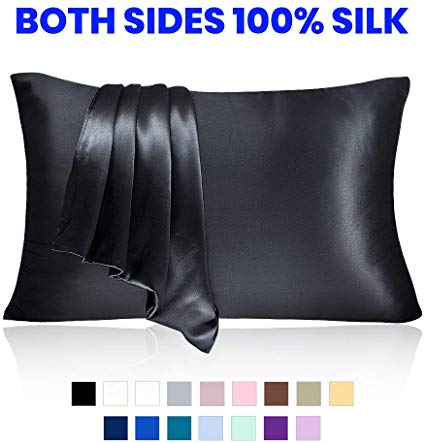 LULUSILK Mulberry Silk Pillowcase for Hair and Skin, 19 Momme Anti Wrinkle Silk Pillow Case Cover with Hidden Zipper, Black, Queen Size, Pack of 1