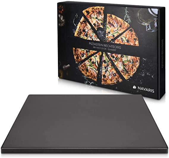 Navaris XL Pizza Stone for Baking - Glazed Square Cordierite Pizza Stone Plate for BBQ Grill Oven - Cook, Serve Pizza Bread Cheese - 38 x 30 x 1.5cm