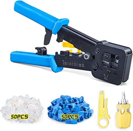 10Gtek RJ45 Crimp Tool Cat6/Cat5e/Cat5 for RJ45 RJ12 Pass Through Connectors with 50PCS Connectors, 50PCS Covers, Wire Stripper and Screwdriver rj45 Crimper Kit