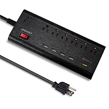 JBonest 7-Outlet Power Strip and 5 USB Port With One Quick USB Charger 3.0 Power Socket, Surge Protector 6-Foot Cord (Black)