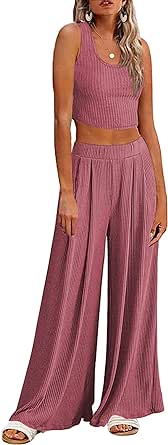 Ekouaer Women's 2 Piece Lounge Sets Ribbed Knit Crop Top Wide Leg Pants with Pockets S-XXL