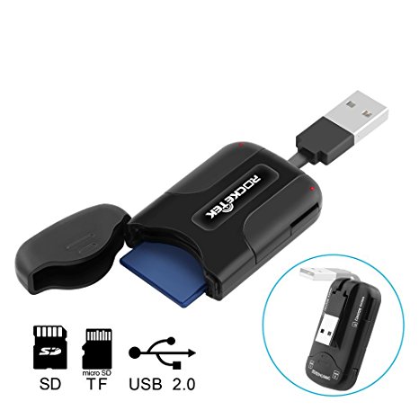 Rocketek 4 Slots USB Micro SD / SD Memory Card Reader with Build-in Card Cover for SD/SDXC/SDHC Cards. TF Cards Reader - Take it as a USB Flash Drive