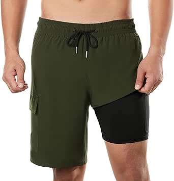 BRISIRA Mens Swim Trunks 9 Inch Inseam Board Shorts with Compression Liner Swimsuit Bathing Suit Quick Dry Cargo Pocket