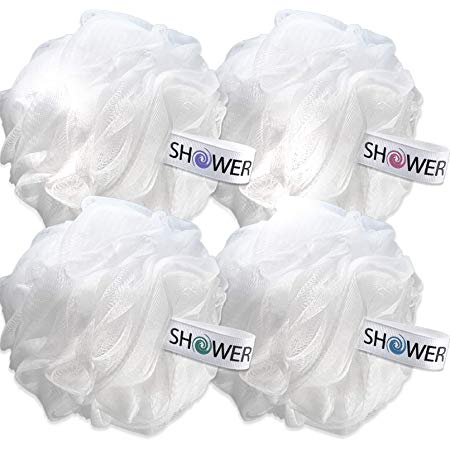 Loofah Soft White Cloud Bath Sponge XL 75g Set by Shower Bouquet: 4 Pack, Extra Large Mesh Pouf for Men and Women - Exfoliate with Big Gentle Cleanse Scrubber in Beauty Bathing Accessories