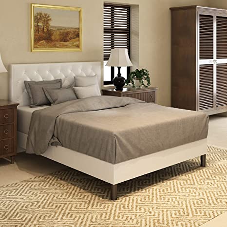 Urest Full Size Bed Frame Platform Bed Mattress Foundation Wood Slat Support Upholstered Button Tufted Diamond Stitch with Headboard, White
