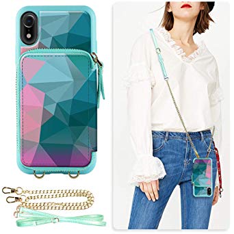 ZVE Wallet Case for Apple iPhone XR 6.1 inch, Leather Wallet Case with Crossbody Chain Credit Card Holder Slot Zipper Pocket Handbag Purse Wrist Strap Case Cover for Apple iPhone XR 6.1 - Diamond