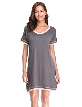 Lusofie Sleepwear Women's Cotton Nightgown Short Sleeve V Neck Contrast Nightdress S-XXL