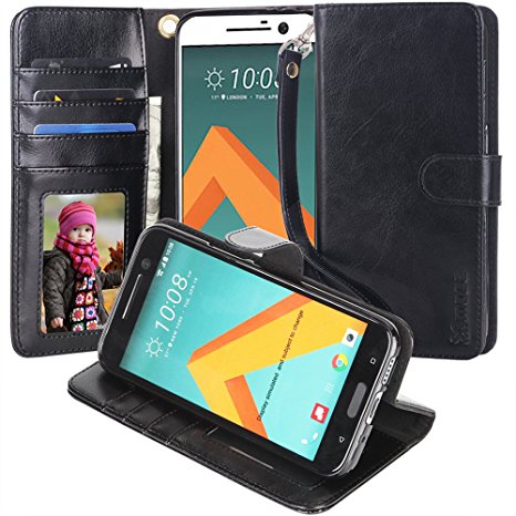 HTC 10 Case, Moze HTC 10 Wallet Case [4 Card Slots ] [Wrist Strap] [Stand Feature] PU Leather Flip Wallet Case Cover for HTC 10 (Black)