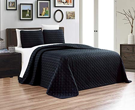 Grand Linen 3-Piece Dobby Stripe Quilt Set Reversible Bedspread FULL/QUEEN SIZE Bed Cover (BLACK) Coverlet and Shams, Hypo-allergic and Lightweight