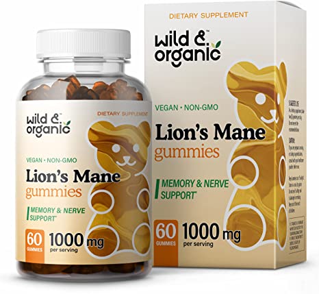 Wild & Organic Lion's Mane Gummies - Natural, Vegan Hericium Erinaceus Mushroom Supplement - May Boost Brain & Cognitive Health, Mental Focus, Immune System, Antioxidant Support - 60 Count