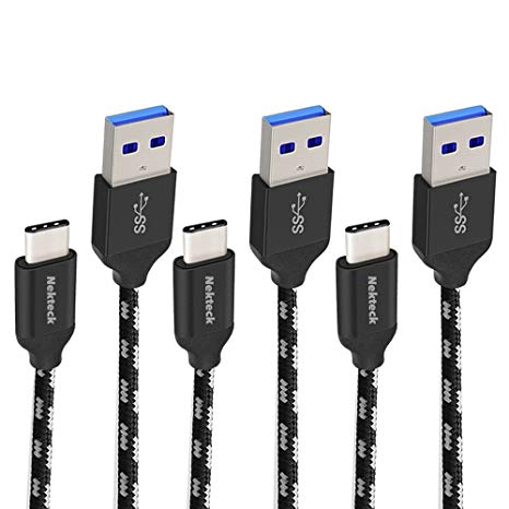 Nekteck [3PACK] Nylon Braided USB-C to USB Type A Male Data & Charging Cord 56k ohm resistor for Macbook 12 Inch, Galaxy S9 S9 Plus/LG G5/G6, Google Pixel 2/Pixel 2 XL, OnePlus 6, Black - 3.3ft