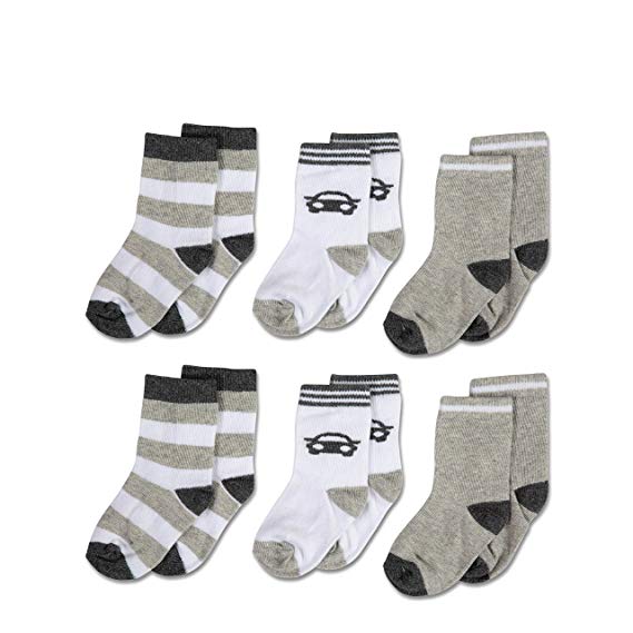 Cotton Baby Crew Socks, Cars and Stripes for Boys or Girls Sizes Newborn Infant to Toddler, 6-Pack, by Cutie Bebe