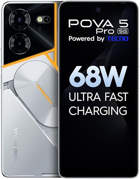 Pova 5 Pro 5G (Silver Fantasy, 8GB RAM,256GB Storage)| Segment 1st 68W Ultra Fast Charging | India's 1st Multi-Colored Backlit ARC Interface | 50MP AI Dual Camera |6.78