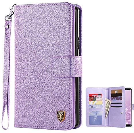 Galaxy Note 9 Case, BENTOBEN Samsung Note 9 Credit Card Case, Shiny Bling Folio Flip PU Leather Credit Card Holder Cash Pockets Wristlet Protective Case for Samsung Galaxy Note 9, Purple