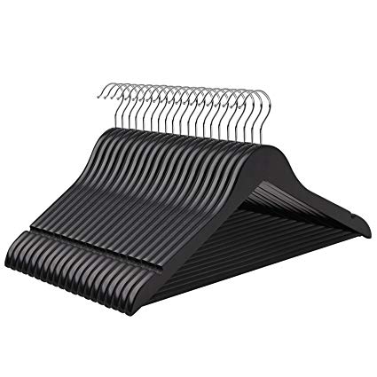 SONGMICS Solid Wooden Clothes Hangers 44.5 cm Set of 100 with Trouser Bar and 2 Grooves, Black CRW02B-100