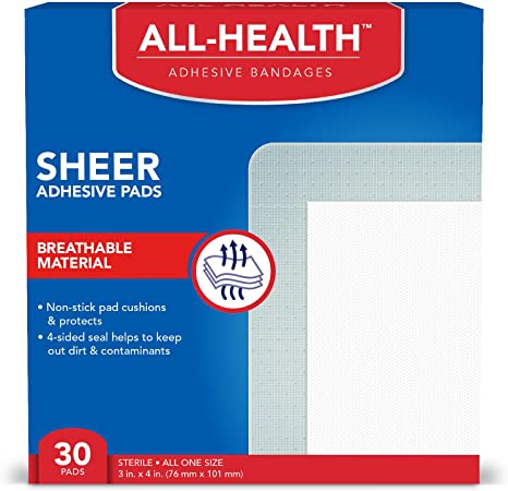 All Health Sheer Adhesive Pad Bandages, 3 in x 4 in, 30 ct | Extra Large Comfortable Protection for First Aid and Wound Care