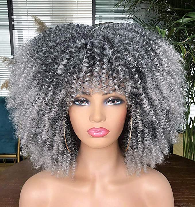 Short Afro Curly Wig with Bangs for Black Women Kinky Curly Wigs Grey Afro Wig…