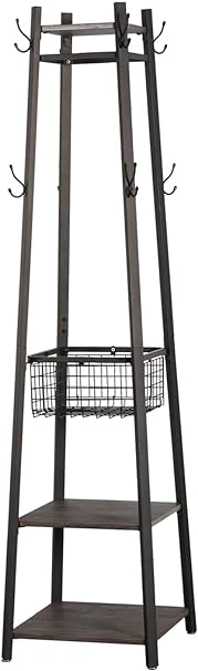 VECELO Industrial Coat Rack Stand, Hall Trees Freestanding, Entryway Clothes Stand with Metal Basket and 2 Shelves, Purse Hanger with 8 Dual Hooks for Hats Bags and Scarves