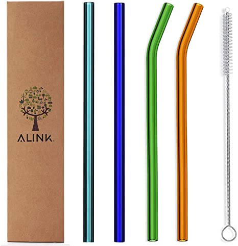 ALINK Colored Glass Straws, 9" x 10 mm Wide Reusable Smoothie Straws, Pack of 4 with Cleaning Brush