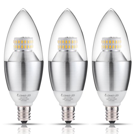 LED Candelabra Bulb LOHAS 6-Watt Dimmable Warm White 2700K LED Chandelier Bulb 60-Watt Incandescent Bulb Equivalent E12 Candelabra Base LED Light Bulbs Pack of 3