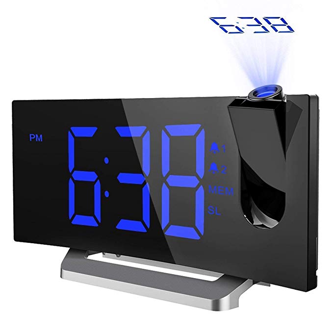 TOPELEK Projection Clock, FM Radio Alarm Clock with Multiple Alarm Voice, Dual Alarm, 5'' Curved-Screen Digital Alarm Clock with Adjustable Dimmer, Snooze Mode, Sleep Timer, USB Charging Port, Blue