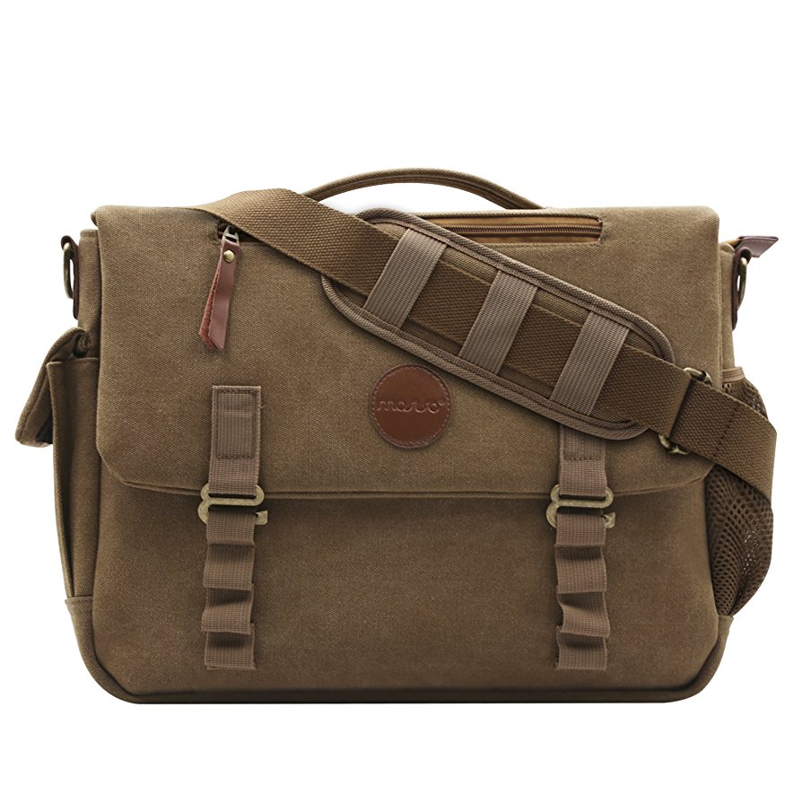 Mosiso Canvas Messenger Satchel Bag (up to 15.6 Inch), Crossbody Sling Shoulder Case with Handle and Various Pockets for Laptop, Notebook, MacBook, Ultrabook and Chromebook Computers, Vintage Brown