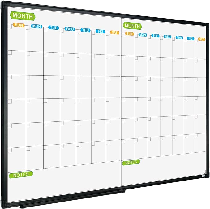 JILoffice Magnetic Dry Erase Calendar Whiteboard, 2 Month White Board Planner 36 X 24 Inch, Black Aluminum Frame Wall Mounted Board for Office Home and School