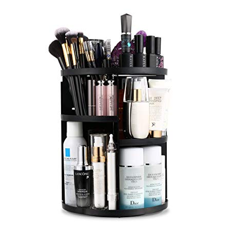 Jerrybox Makeup Organizer, Rotating Vanity Organizer and Storage Box, 360° Spinning Holder Organizer for Bathroom, Fits Makeup Brushes, Lipsticks, Round, Black