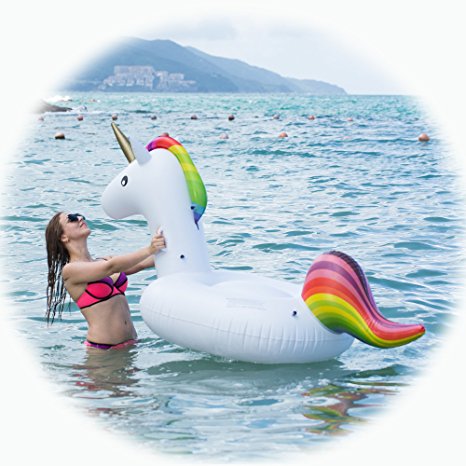 Inflatable Unicorn Raft Slaiya Medium Size,Outdoor Swimming Pool Float,River,Ocean and Lake Tube for Kids or Adults(Rainbow)