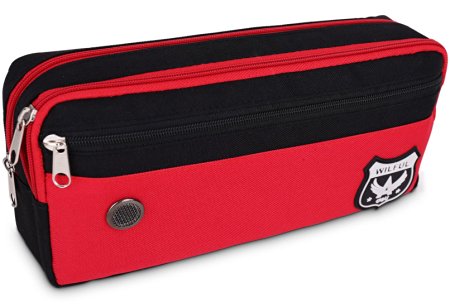 iSuperb® Canvas Double Pen Pencil Bag Case Large Stationary Bag Case Cosmetics Makeup Bag Pouch for School Students Girls Boys (Red)