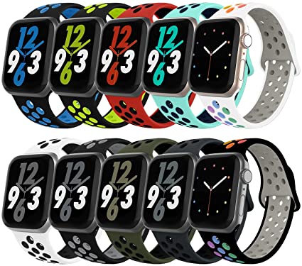 CCnature Compatible with Apple Watch Band 38mm 40mm 42mm 44mm, Breathable Soft Silicone Sport Strap Waterproof Wristband Compatible with iWatch Series 6/SE/5/4/3/2/1, 10 Pack