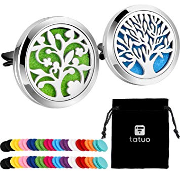 Tatuo 2 Pieces 316L Stainless Steel Car Aromatherapy Essential Oil Diffuser Air Freshener Vent Clip Locket with 48 Pieces Replacement Felt Pad (Tree and Cloud Tree-Silvery)