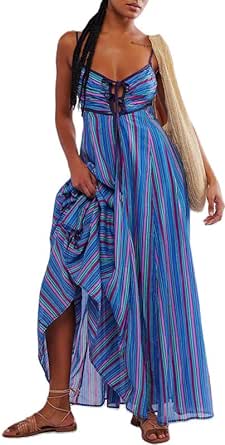 Women Y2k Tie Up Front Striped Maxi Dress Boho Floral Spaghetti Strap Backless Flowy Dress Beach Vacation Sundress