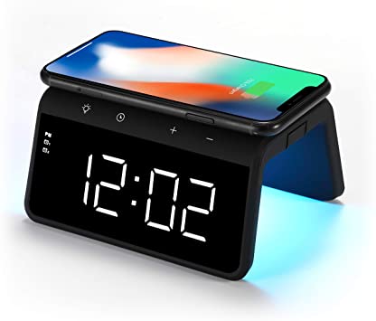 RCA Wireless Charger Alarm Clock - 10 Watt Qi Charging with Multi Color Nightlight & Additional USB Charging Port