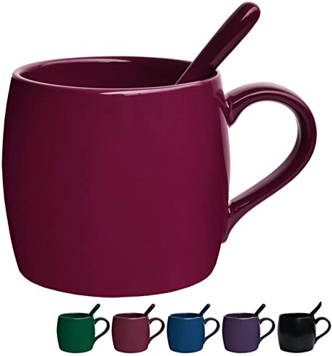 Bosmarlin Ceramic Coffee Mug with Spoon, Tea Cup for Office and Home, 14 oz, Dishwasher and Microwave Safe, 1 Pack (Red(Glossy))