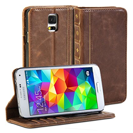 Galaxy S5 case, GMYLE [Book Style] Samsung Galaxy S5 Wallet Case [Vintage] [Brown]   Crazy Horse Pattern PU Leather Filp Case Cover for Galaxy S5 / Galaxy SV / Galaxy S V (2014) - Retail Packaging - Brown