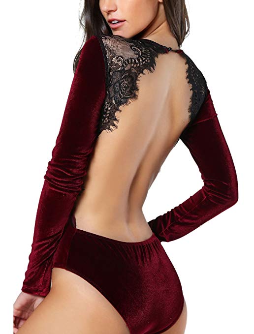 DIDK Women's Long Sleeve Backless Lace Applique Bodysuit