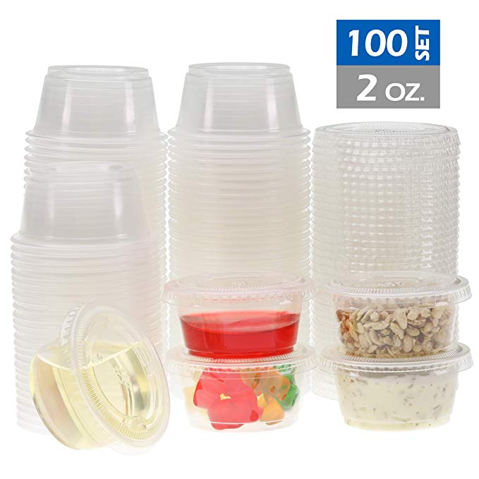 Freshware Plastic Portion Cups with Lids [2-Ounce, 100 Sets] - Souffle, Sampling, Sauce, Snack, Dressing, Jello Shot Cups, Plastic Containers, BPA Free