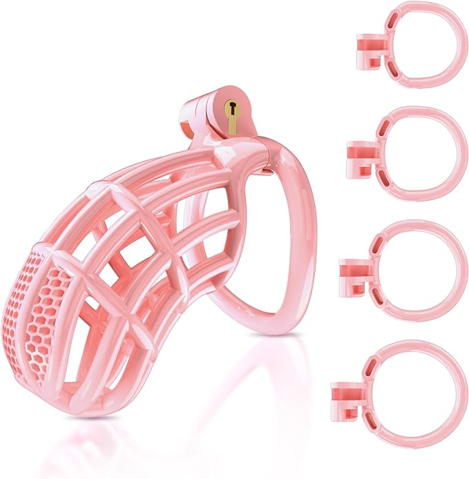 Male Chastity Device Cock Cage - UTIMI Large Plastic Chastity Cage for Man Penis Exercise 3D Printed Pink Bondage Gear & Accessories Lightweight Adult Sex Toy with 4 Sizes Rings Invisible Lock and Key