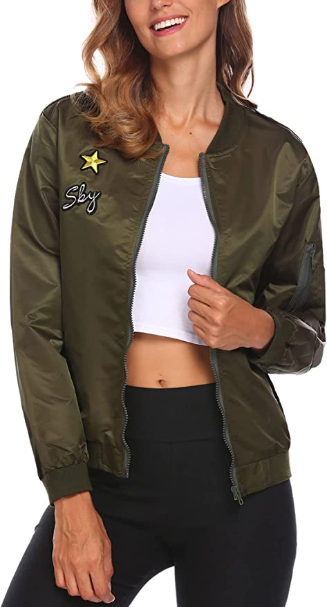 ACEVOG Women's Bomber Jacket With Pockets Zip Up Pattern Collared Jackets(S-XXL)