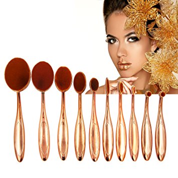 Oval Toothbrush Makeup Brush Set, 10pcs Deluxe Rose Gold Toothbrush Make-up Brushes Powder Foundation Contour with Case Box